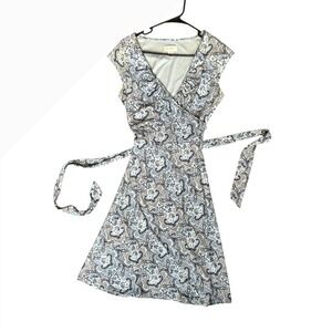 LOFT Women's Size 8 Paisley‎ Print Sleeveless Faux Wrap Dress Belted Blue